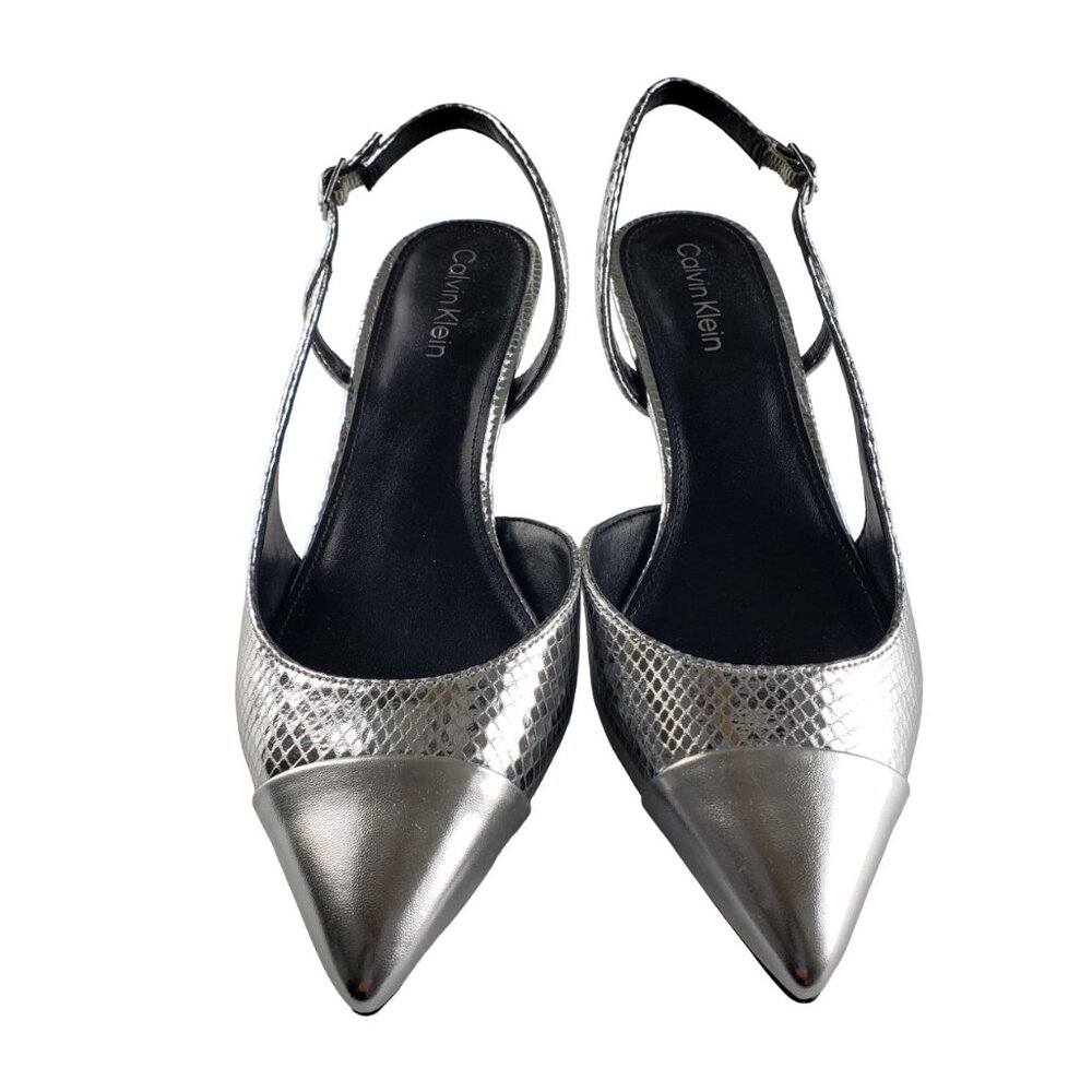 Calvin Klein Slingback Silver 2” Heels 9 Pointy Toe Worn Once Like New Condition